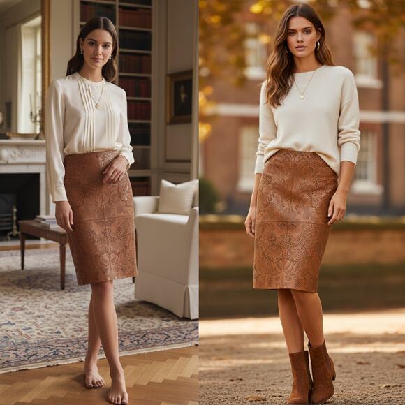 NEW Lauren Ralph Lauren Black Label Tooled Leather Pencil Skirt Sz 10 Brown Luxe - Picture 1 of 13